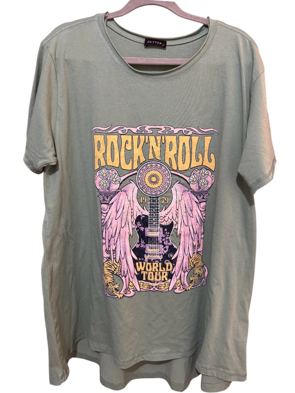 ZUTTER Rock N Roll World Tour 1979 Oversized Graphic Tee Sage Green L